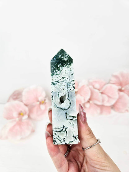 Moss Agate Druzy Tower