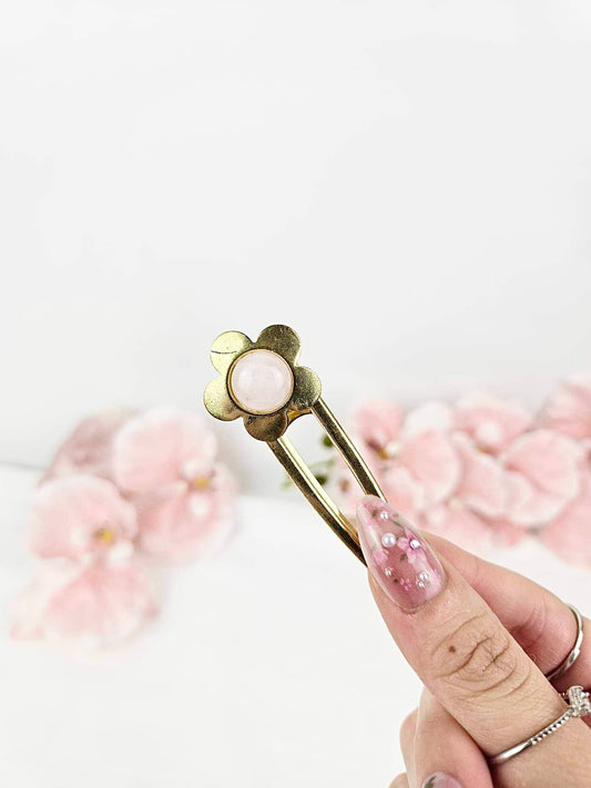 ✿ Rose Quartz Gold Flower Hair Clip ✿