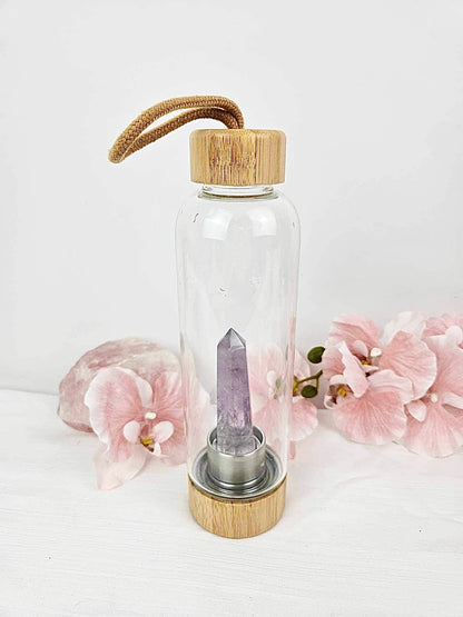 Amethyst Tower Glass Water Bottle with Bamboo Lid