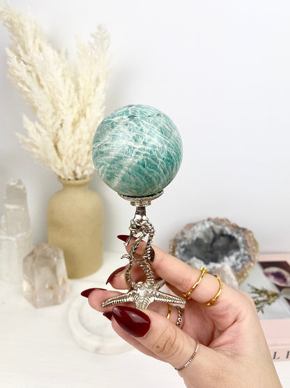 Amazonite with Smokey Quartz Sphere on Seahorse Stand