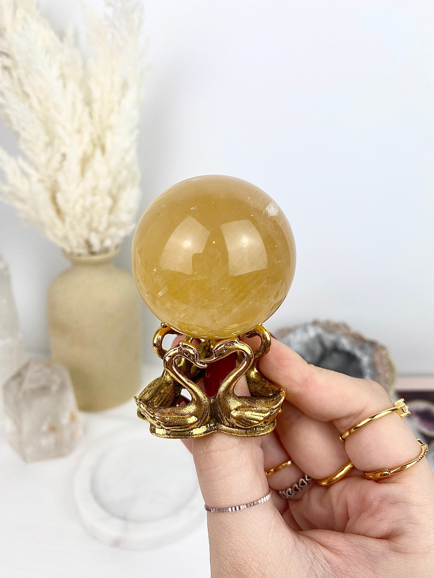 🍯 Honey Calcite Sphere with Swan Stand 🍯