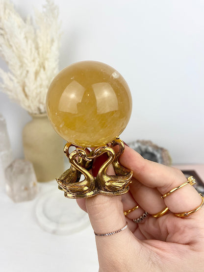 🍯 Honey Calcite Sphere with Swan Stand 🍯