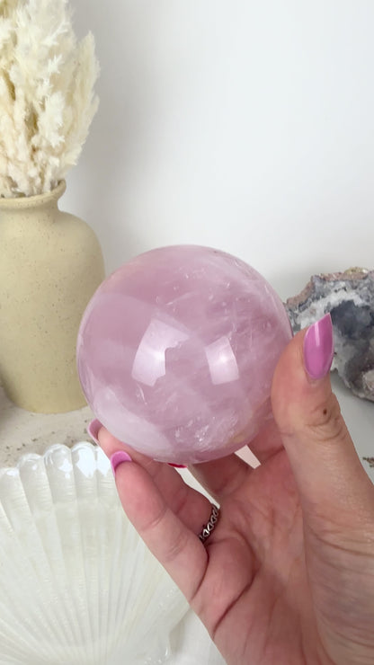 Rose Quartz Sphere with Wooden Stand