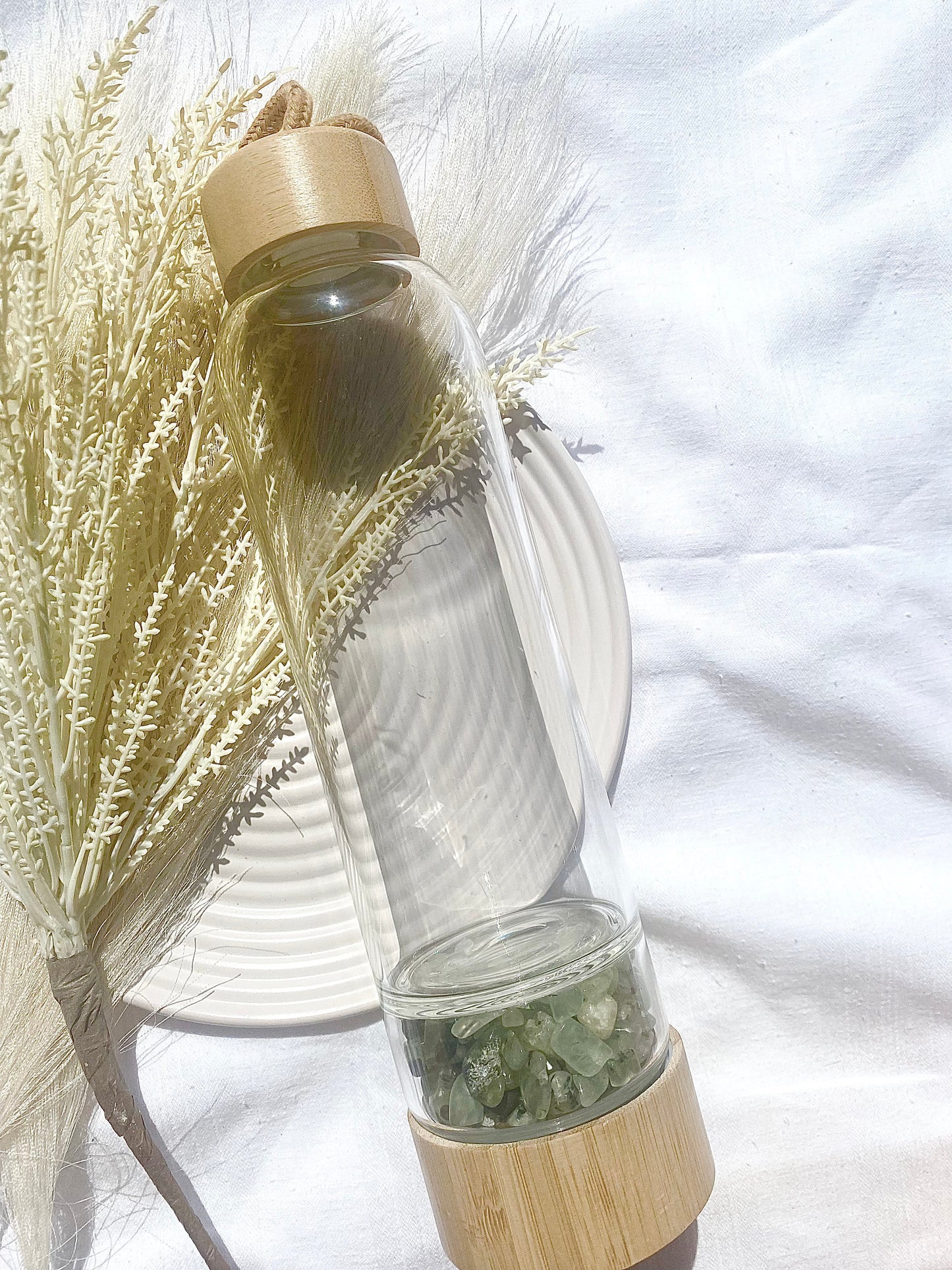 Prehnite Chip Glass Bottle with Bamboo
